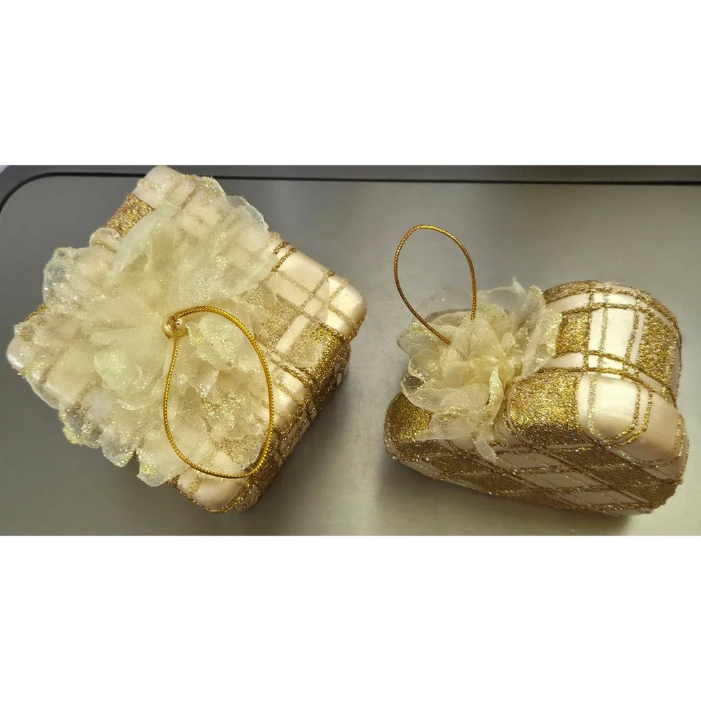 Gold Glitter Plaid Christmas Ornaments Set 2 Heart & Square Gift Box Champagne